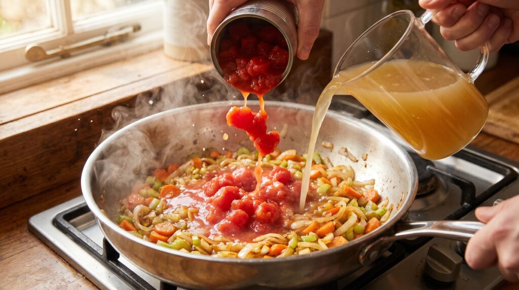 Step 2: Add the Tomatoes and Stock
